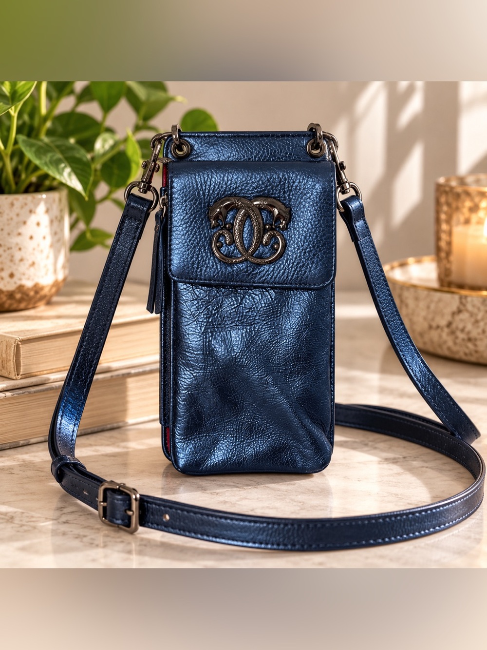 Metallic Navy Blue Crossbody Phone Bag Statement Hardware Red Lining